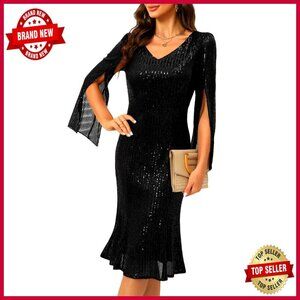 Sequin Midi Fishtail Dress Elegant Cocktail Formal Evening Party Gown